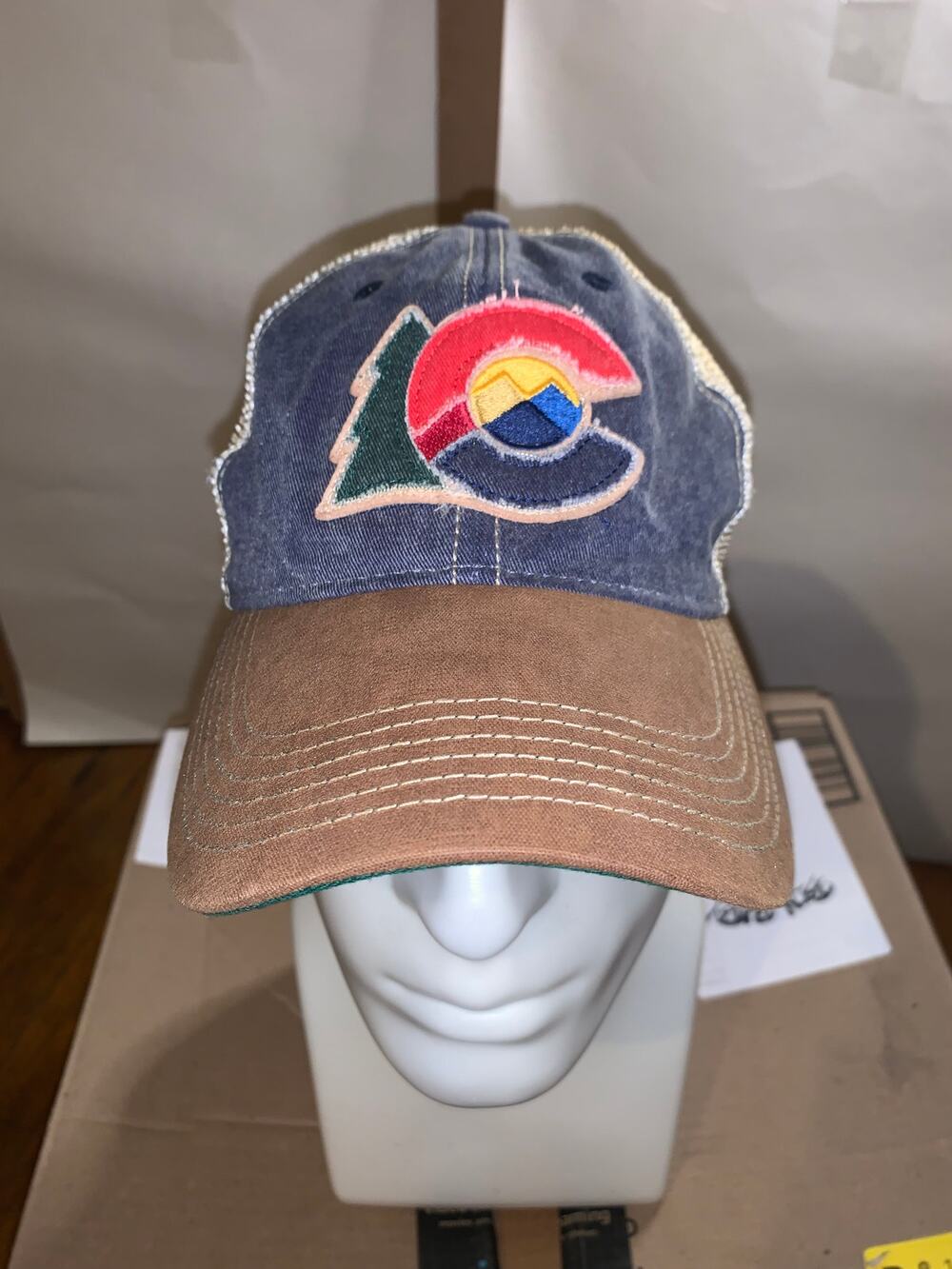 Legacy Colorado Mountain Logo Trucker Hat Snapback Mesh Navy Tan Cap